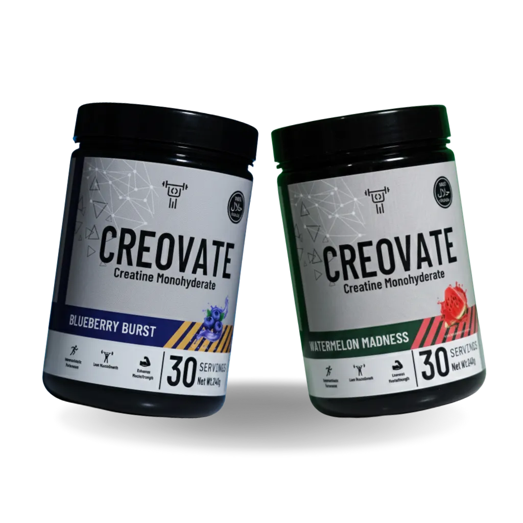 Two containers of Creovate Creatine Monohydrate on a white background