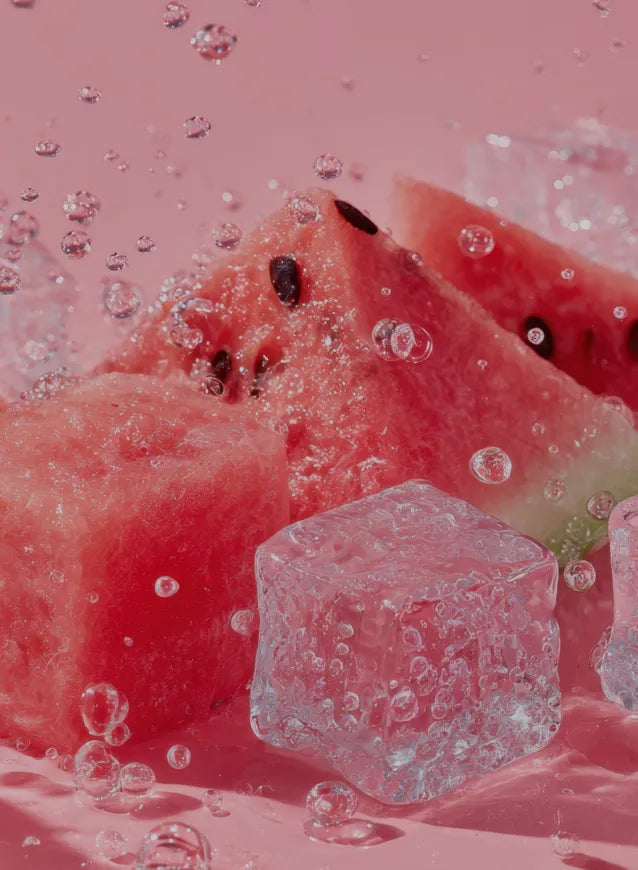 Sliced watermelon with ice cubes and bubbles on a pink background